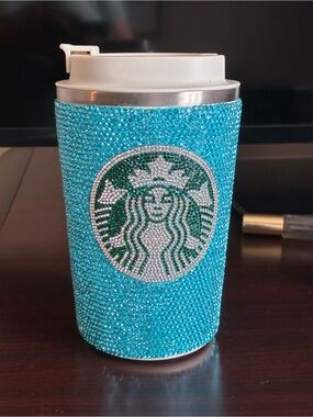 Turquoise Crystal Rhinestone Travel Temperature Check Cup with Green Siren Logo